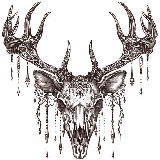 Ornamental deer skull tattoo with lace patterns and delicate filigree, elegant on white
