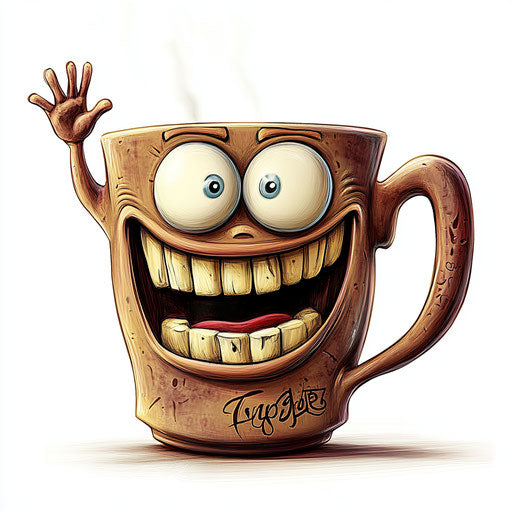Humorous caricature of a coffee mug with human characteristics