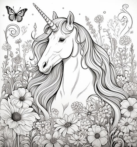 Unicorn in a garden with flowers and butterflies - contemporary surrealistic