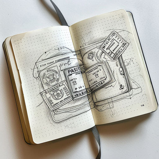 Detailed sketch tattoo of open passport with stamp on white