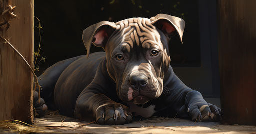 Dog resting in front of a gate at home