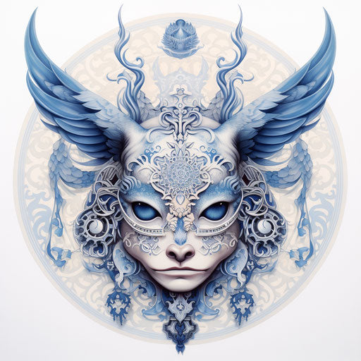 Blue face tattoo with wings and horns, unique yokai style