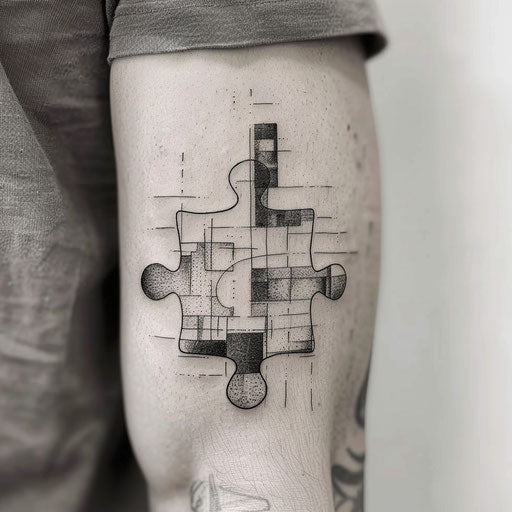 Minimalist black and grey puzzle piece tattoo on white background