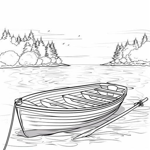 Rowboat on a peaceful lake with trees in the background