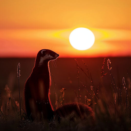 Black-footed ferret silhouette against the setting sun on the prairie horizon