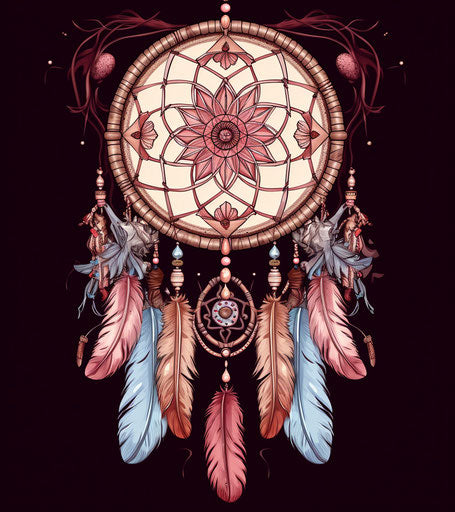 Dream catcher with feather design in detailed cross-hatching