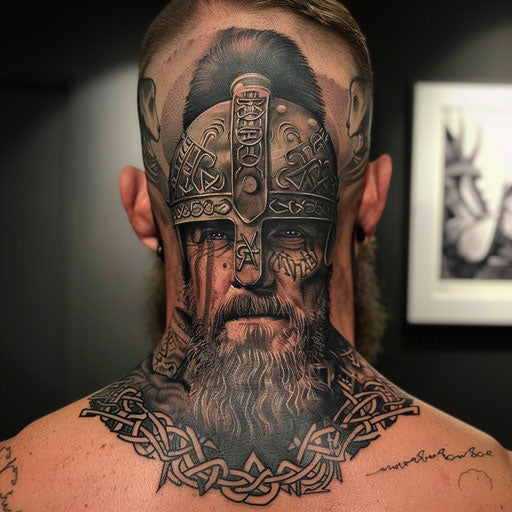 Back neck tattoo of a viking warrior