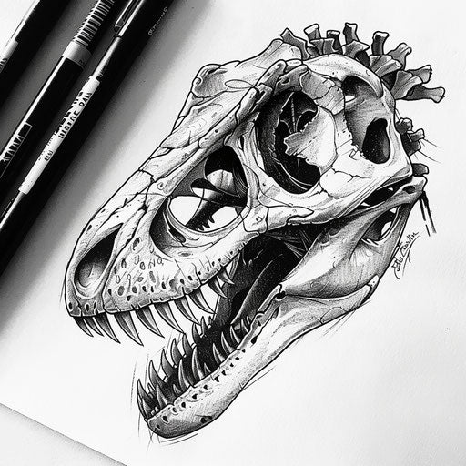 Black and white ink drawing of a fierce dinosaur skull