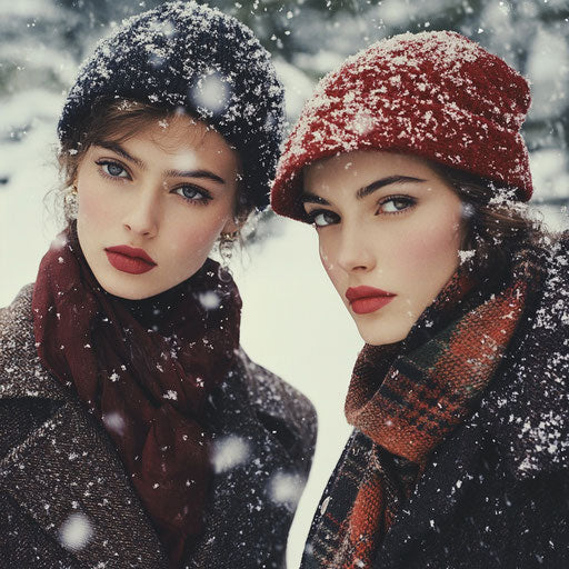 Winter fashion scene with stylish coats and scarves under falling snow