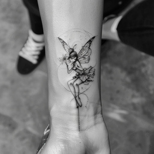 Sketch of a whimsical fairy sitting on a flower for wrist coverup tattoo for women