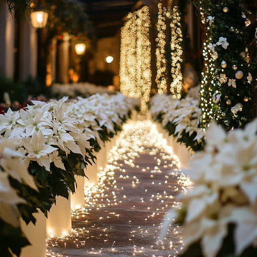Winter wedding aisle with white poinsettias and fairy lights