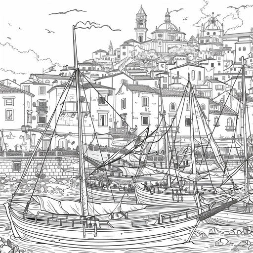 Detailed view of a city harbor with boats docked