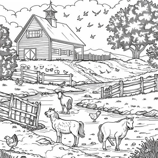 Peaceful farmyard scene with chickens, cows, and horses