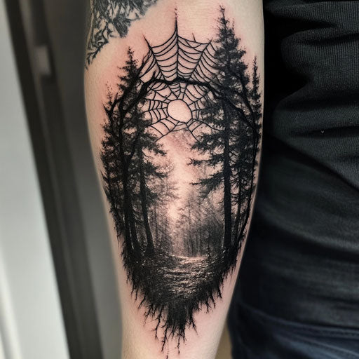 Elbow tattoo spider web with haunted forest