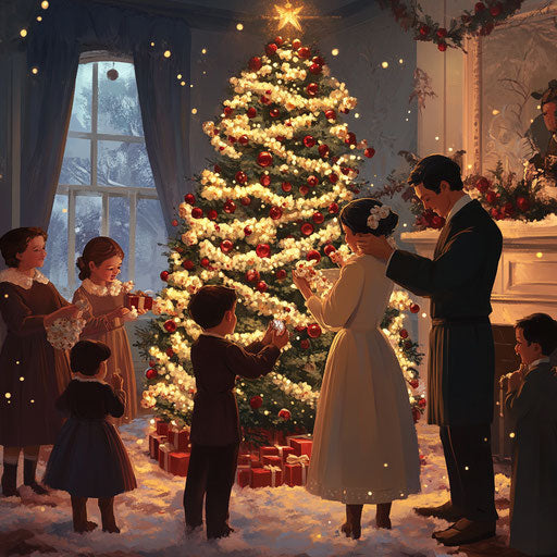 Family around a tree with popcorn and cranberry garland