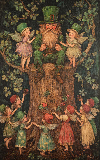 Leprechaun surrounded by fairies and children, William Morris style
