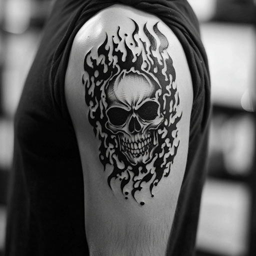 Upper arm tattoos for men with a dark skull surrounded by flames