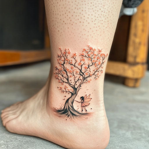 Cherry blossom tree tattoo in the style of Humberto Ramos with a whimsical fairy on the ankle
