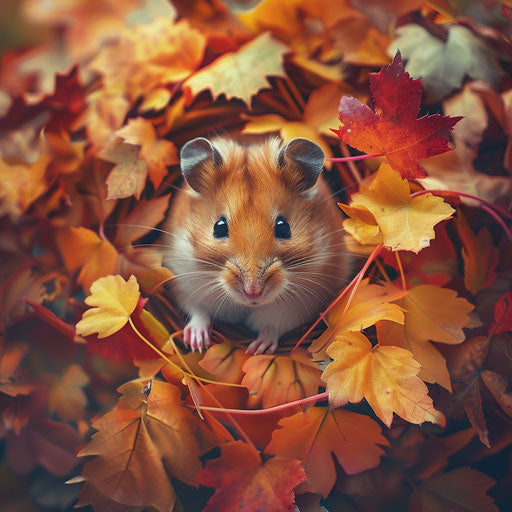 Syrian hamster surrounded by colorful autumn leaves
