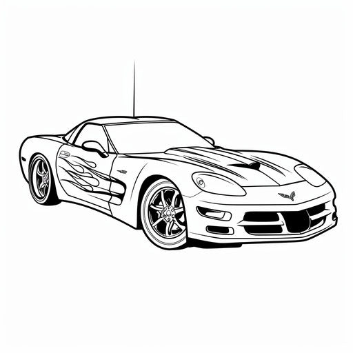 Corvette with flames, coloring book page