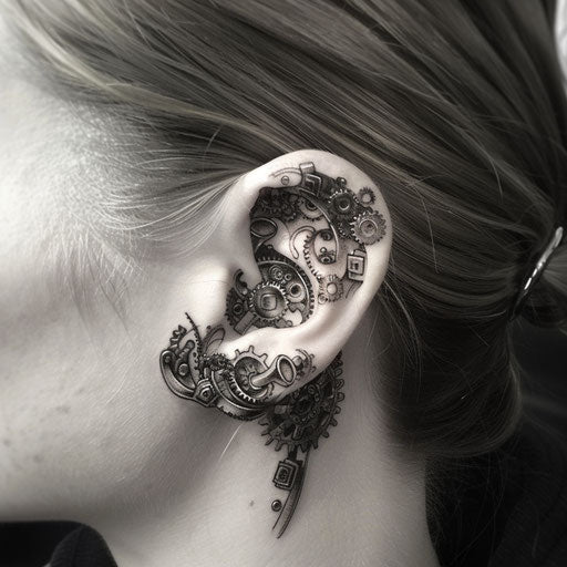 Ear tattoos in the style of Adrian Smith featuring mechanical gears