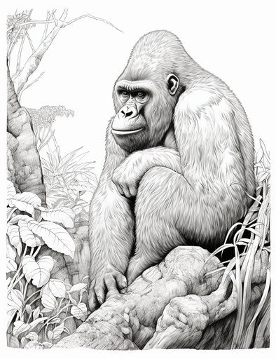 The gorilla poses on the drawing, in the style of whimsical line work, cottagepunk, exotic birds, furry art, carving, 24:31