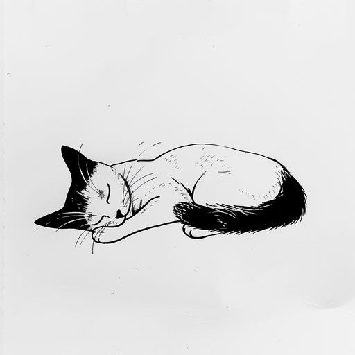 Minimalist sketch of a sleeping cat in black and white, flat design