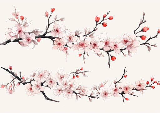 Various drawings of cherry blossoms in pink with Chinese cultural themes
