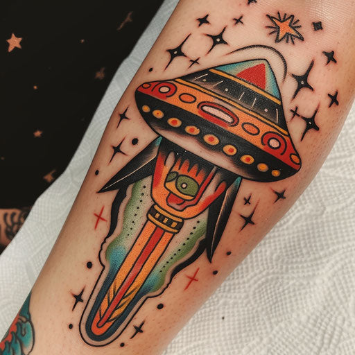 Bold pop art UFO tattoo with comic book-style colors and shapes