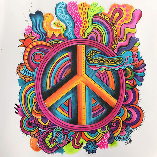 Retro-inspired peace tattoo sketch with symbol surrounded by bright psychedelic patterns