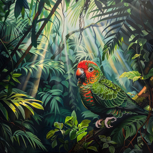 Swift parrot camouflaged among vibrant green leaves of rainforest, with sunlight rays piercing through.