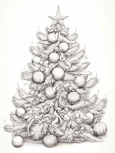 Coloring page of a large decorated Christmas tree