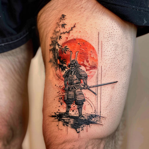 Tiny tattoo with a samurai warrior, in the style of Adrian Smith