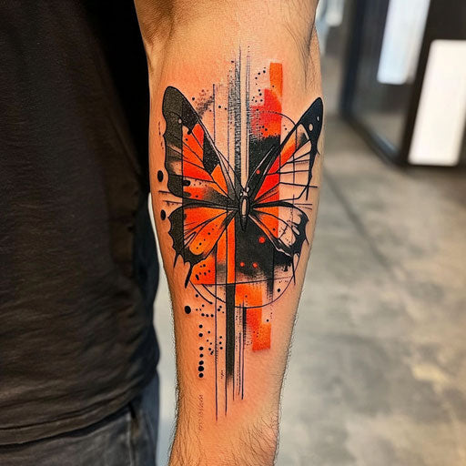 Butterfly tattoo on the forearm with abstract geometry