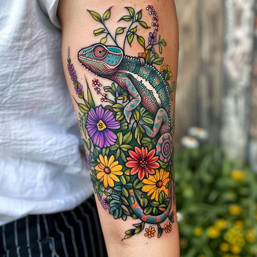 Wildflower tattoo with chameleon, vibrant hues, detailed animal, playful