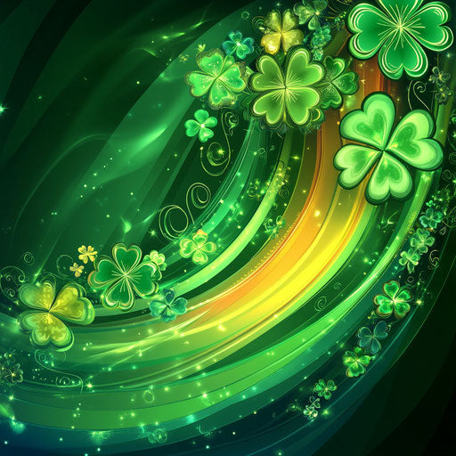 Saint Patrick's Day background with rainbow, shamrocks, and Celtic ornaments on dark green, glowing background