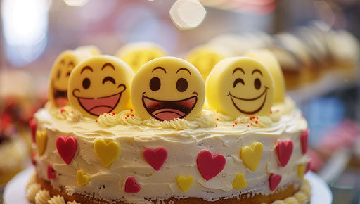 Emoji and heart cake with yellow smileys on white background