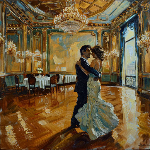 Oil painting of a couple dancing in an old-fashioned ballroom, lost in each other's eyes