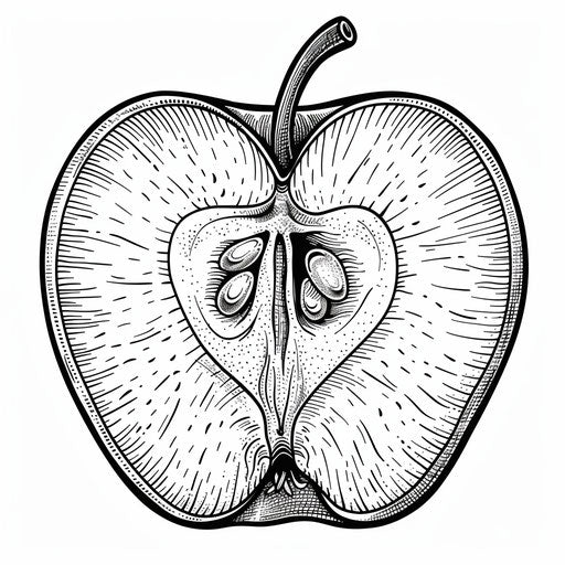 Apple cut in half showing seeds and core. Coloring page