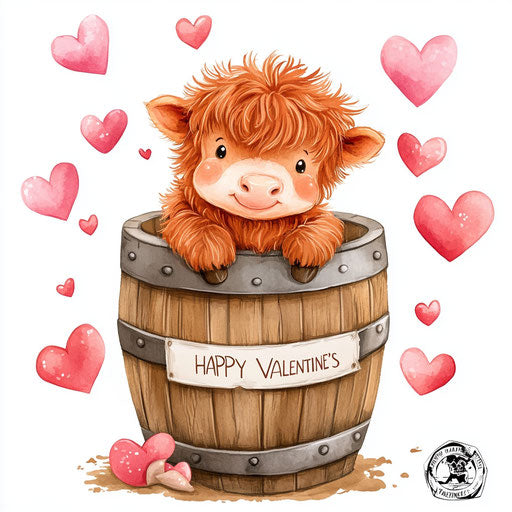 Young Highland cow sitting in old wooden barrel with hearts around