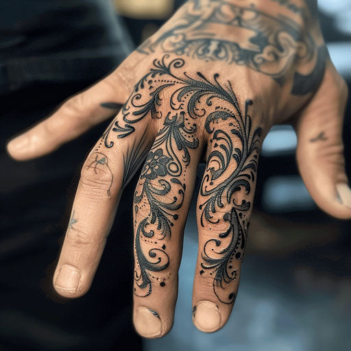 Men's finger tattoos in the style of David Palumbo with dark, artistic flourishes
