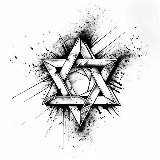 Graphic tattoo sketch of a Star of David with sharp lines and a clean, modern look