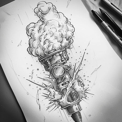 Dynamic flat tattoo sketch of a piston breaking through a cloud of smoke and sparks