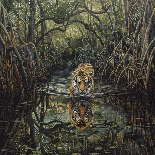 Tiger in the labyrinth of the mangrove forest