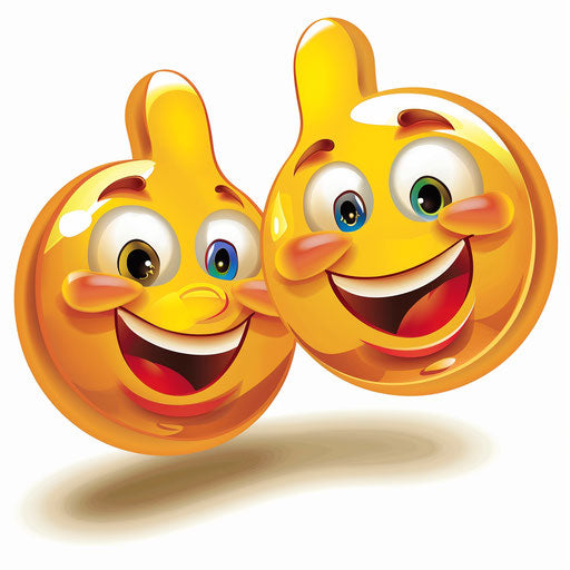 Two people with smiley faces pointing the thumb up symbol