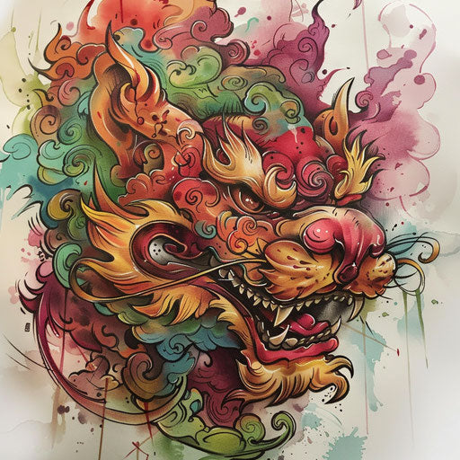 Fantasy foo dog tattoo on white canvas