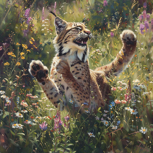 Lynx in flower field: wild and delicate contrast