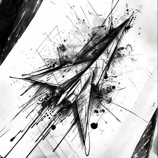 Expressive tattoo sketch of a paper airplane with dynamic splatter and drip effects in black ink