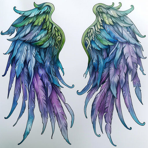 Fantasy elf wings tattoo drawing in magical colors