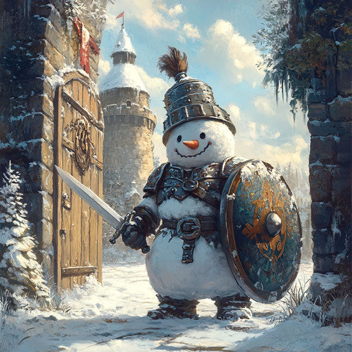 Medieval snow knight guarding a snowy castle gate